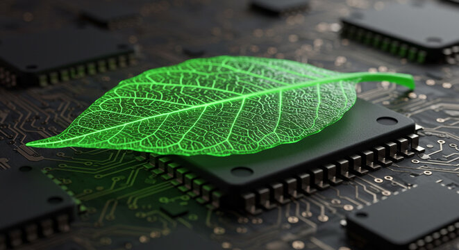 A bright green leaf resting on a computer chip illustrating green technology and sustainability concepts
