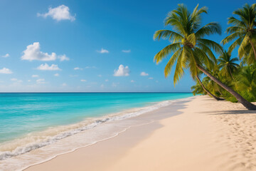 Wide angle photograph pristine tropical beach soft white sand turquoise water gentle waves palm trees leaning to sea bright sunny sky fluffy clouds no people peaceful inviting atmosphere