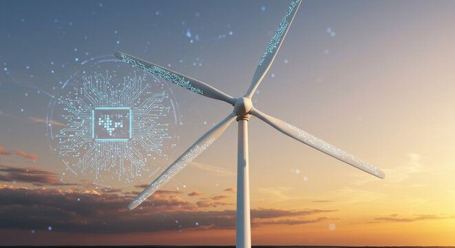 Wind turbine with circuit board overlay against a sunset sky showcasing renewable energy technology - Powered by Adobe