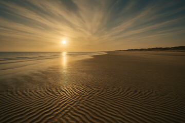 Wide empty beach low tide rippled wet sand golden sunlight reflecting water dramatic sky streaks of clouds minimalistic composition serene atmospheric mood editorial style landscape photo