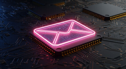 A glowing pink email envelope icon on a black circuit board with gold pins and other chips nearby
