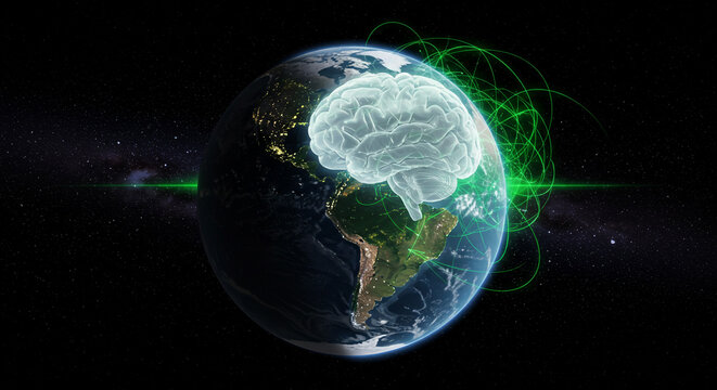 A digital earth with a brain overlay and green network connections in a dark space background