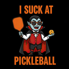 Cartoon vampire holding pickleball paddle and ball with humorous text  