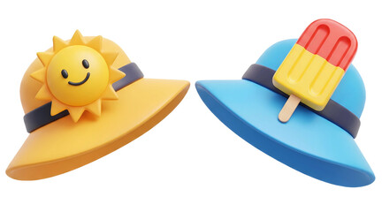 3D cartoon summer hat with sun and ice cream isolated on transparent background, PNG file add