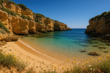 Secluded mediterranean cove golden cliffs clear shallow water fine sand wildflowers on shoreline sunlit deep blue sky untouched nature no human presence photorealistic landscape beauty

