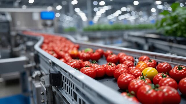 Automated sorting machines efficiently organize vibrant tomatoes, limes, and oranges on a stainless steel conveyor belt.