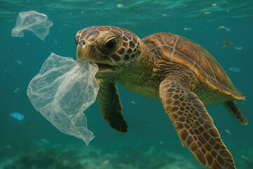 Juvenile sea turtle nibbling plastic bag mistaken for jellyfish close up underwater surrounded by litter blue green seawater editorial emotional impact high detail environmental issue