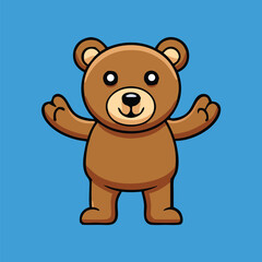 Cheerful cartoon teddy bear is standing with outstretched arms against a blue background