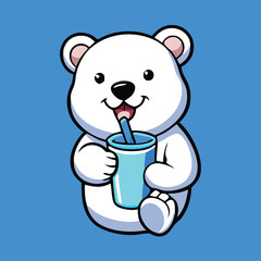 Cartoon polar bear is joyfully drinking juice with a straw on blue background