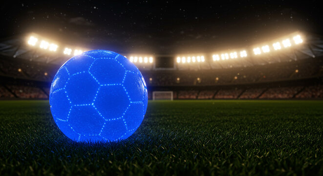 A blue soccer ball glowing on a green field under stadium lights at night with dark background