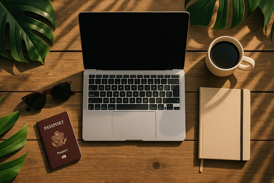 Flat lay digital nomad workspace rustic wooden table laptop passport coffee mug sunglasses notebook tropical leaves warm sunlight minimal aesthetic soft shadows high resolution editorial