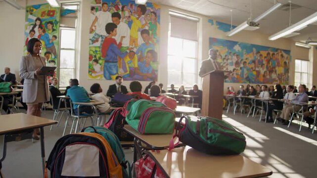 Warm sunlight streaming through auditorium windows, illuminating diverse students and parents during impactful speeches by local leaders sharing educational community insights