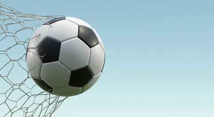 Fototapeta premium A soccer ball caught in a net against a light blue background in a sports themed illustration
