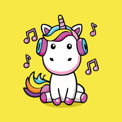 Obraz premium Cartoon unicorn enjoys music using pink headphones against a cheerful yellow background