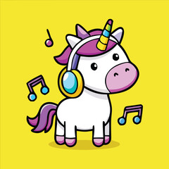 Cartoon unicorn with headphone enjoys listening to music and stands on bright yellow background