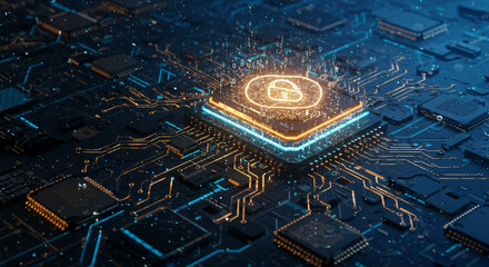 A glowing padlock on a computer chip with binary code floating above it on a dark circuit board