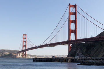A wide angle view of the Golden Gate Bridge in San Francisco California. 