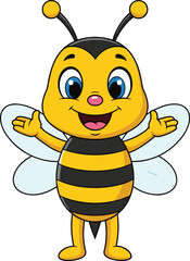 Cartoon Bee Character – Yellow Body, Black Stripes, Blue Eyes, Open Arms, White Wings, Standing Pose – Cute Vector Insect Icon