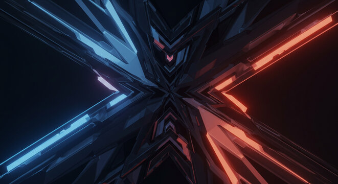 Abstract design featuring intersecting blue and orange neon lights on a dark background