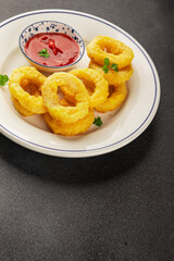 Colmar rings fried food fries fast food crispy appetizer fresh delicious gourmet food background on the table rustic food top view copy space