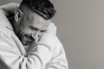 man expresses profound fatigue as he cradles his head in his hands against clean minimalistic background