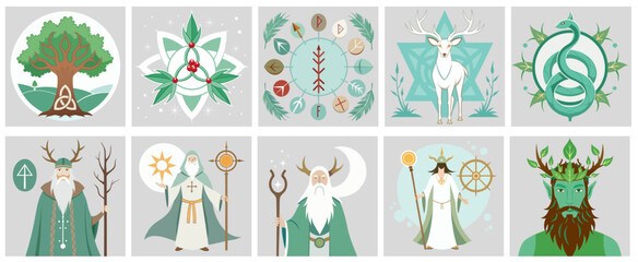 Pagan Druid symbols and characters, vector illustration collection, soft removable background