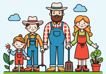 Cheerful cartoon farmer family poses with gardening tools and plant over a light background