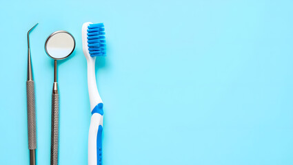 Dental hygiene tools on blue background showcasing a toothbrush dental pick and mirror emphasizing oral care and dental health