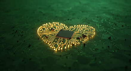 Glowing heart shaped circuit board with a central chip on a textured green surface close up view
