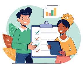 Cheerful African American woman and man review a completed checklist on a clipboard