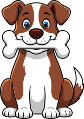 Cartoon dog character, brown and white fur, happy face, holding bone, sitting pose, cute pet icon, cad drawing flat vector illustration