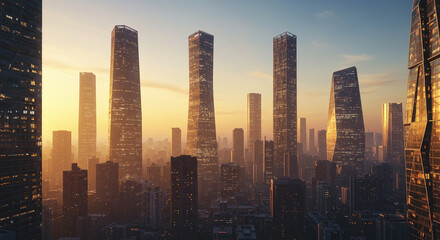 Fototapeta premium Aerial view of a futuristic city skyline with tall buildings at sunset with a golden sky above