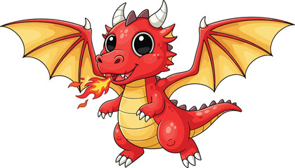 Cartoon Red Dragon Vector – Cute Fire-Breathing Creature with Yellow Wings, Horns, and Belly for Fantasy, Kids, or Game Illustration