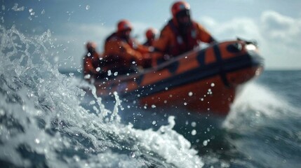 Fototapeta premium A lifeboat splashes into the sea as crew members practice evacuation procedures with rescue ropes unfurling and life jackets visibly worn by participants emphasizing safety training.