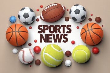 TEXT SPORTS NEWS highlighted by iconic balls from soccer baseball softball golf rugby tennis and more for promoting news broadcast poster or editorial related to international sports tournaments 
