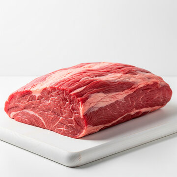A raw beef brisket on a cutting board, angled view, white background. Ideal for showcasing meat quality in ads.

