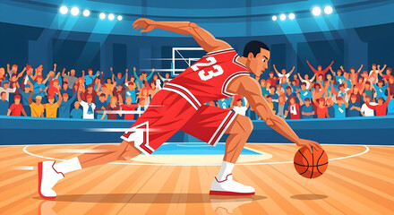 Fototapeta premium A basketball player dribbles the ball on the court, action shot with a crowd.