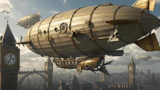 Steampunk airships over cityscape