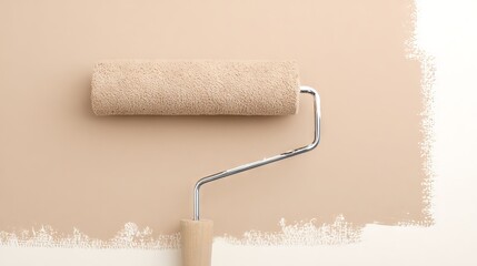 Obraz premium Paint roller with soft texture rests against a freshly painted wall in a warm beige color, showcasing the home improvement process and creative interior design