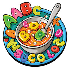 Alphabet soup bowl with floating letters and bubbles