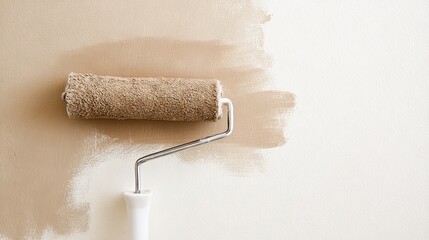 Obraz premium Paint roller with beige paint is applied to a smooth wall surface, showcasing the process of home improvement and interior design in a modern setting