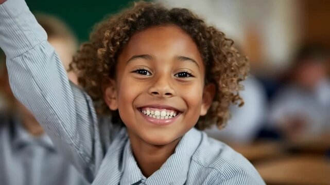 Enthusiastic child raising hand in classroom with joyful expression