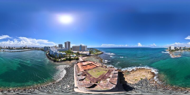 360 aerial photo taken with drone of Fort&iacute;n de San Jer&oacute;nimo del Boquer&oacute;n, the remains of a small 17th-century fort built in Condado Lagoon to defend San Juan, Puerto Rico