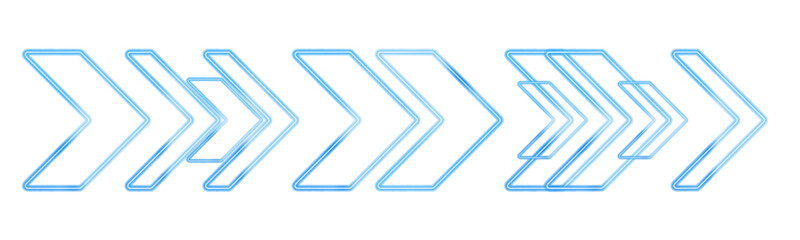 Digital image of glowing arrows in blue neon color. Design element for visualizing air or water flows, as well as winter and cold. Light garland in PNG format. Suitable for casinos, bars, cinemas.