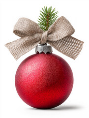 Festive red Christmas ornament with a bow isolated on white background. Perfect for holiday designs, greeting cards, or seasonal product promotions.