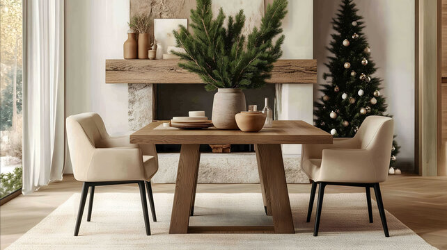 This image showcases a Christmasthemed modern dining area At the center is a rectangular wooden dining table flanked by two beige chairs with sleek black legs A larg