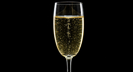A close up of a champagne flute filled with sparkling champagne against a black background studio shot