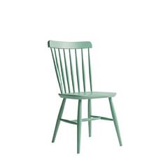 A light green wooden dining chair with a classic spindle back isolated on a white background