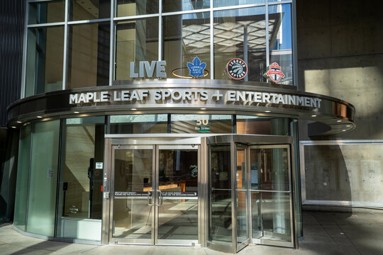 View of Maple Leaf Sports Entertainment (MLSE) building entrance inside Scotiabank Arena. Toronto, Canada - July 21, 2025.