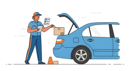 Illustration of a delivery person putting a package into a car trunk for curbside pickup. Convenient and safe service. Order, delivery, car, service, box.